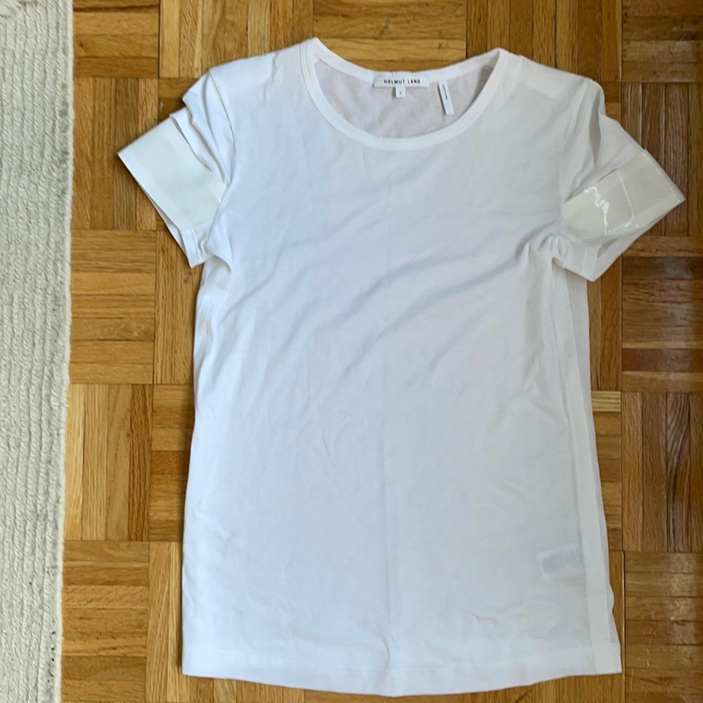 Helmut Lang white tee with patent leather sleeve